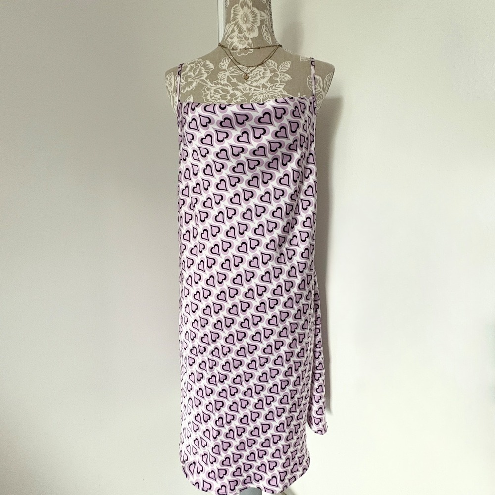 Cotton On Purple Heart Print Satin Slip Dress Side Slit Size Large